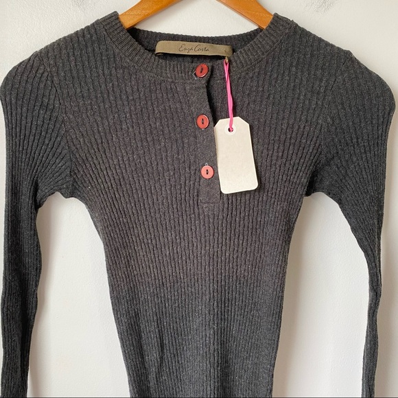 Enza Costa Cashmere Ribbed Henley Charcoal - Picture 2 of 14